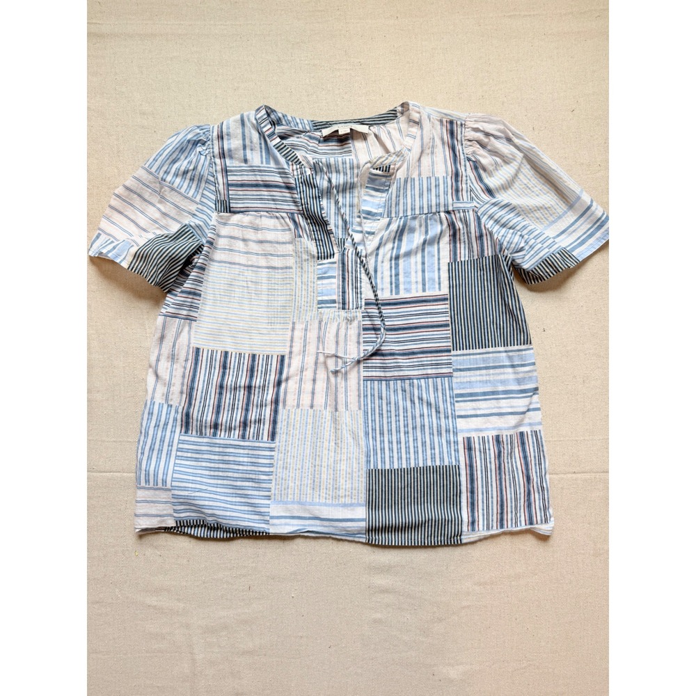 Loft Blue White Striped Patchwork Split Neck Tie Blouse Short Puff Sleeve Small